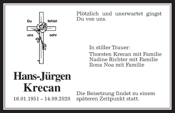 Traueranzeige von Hans-Jürgen Krecan von Giessener Allgemeine, Alsfelder Allgemeine