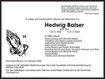 Traueranzeige von Hedwig Balser von Giessener Allgemeine, Alsfelder Allgemeine