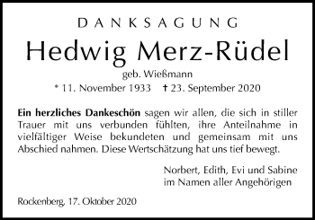 Traueranzeige von Hedwig Merz-Rüdel von Wetterauer Zeitung