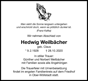 Traueranzeige von Hedwig Weilbächer von Wetterauer Zeitung