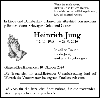 Traueranzeige von Heinrich Jung von Giessener Allgemeine, Alsfelder Allgemeine