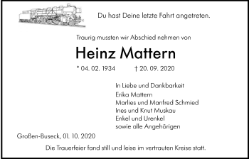 Traueranzeige von Heinz Mattern von Giessener Allgemeine, Alsfelder Allgemeine