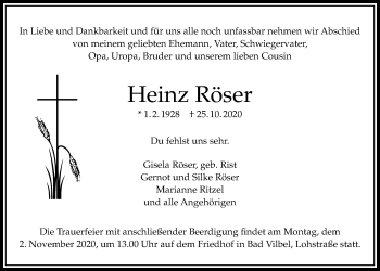 Traueranzeige von Heinz Röser von Bad Vilbel/Karben