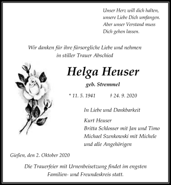 Traueranzeige von Helga Heuser von Giessener Allgemeine, Alsfelder Allgemeine