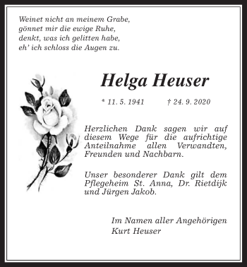 Traueranzeige von Helga Heuser von Giessener Allgemeine, Alsfelder Allgemeine