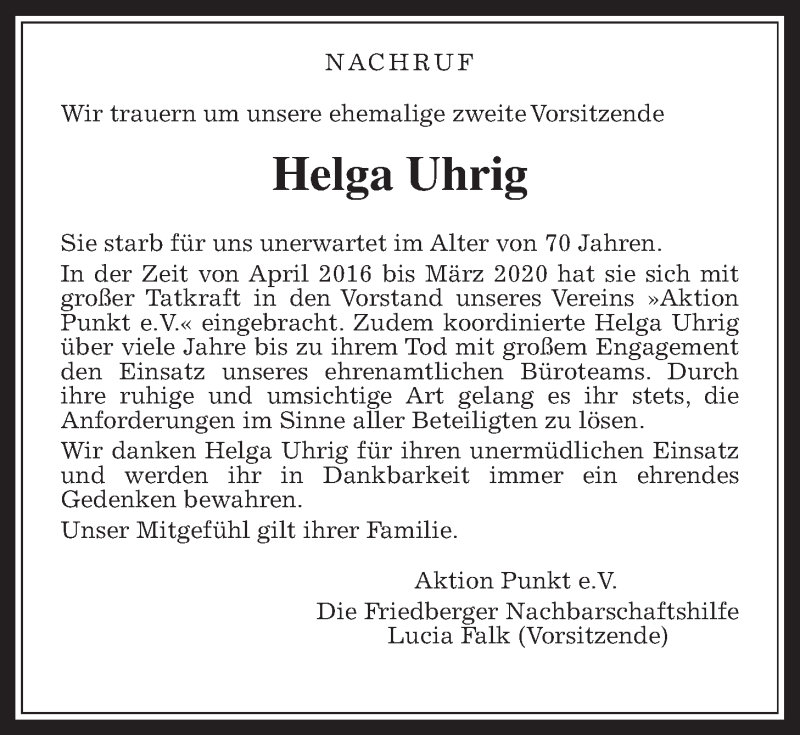  Traueranzeige für Helga Uhrig vom 24.10.2020 aus Wetterauer Zeitung