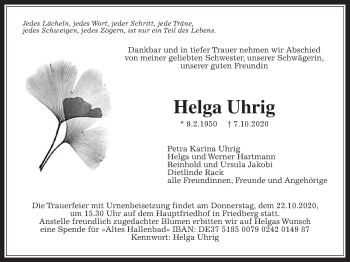 Traueranzeige von Helga Uhrig von Wetterauer Zeitung