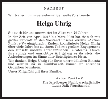 Traueranzeige von Helga Uhrig von Wetterauer Zeitung