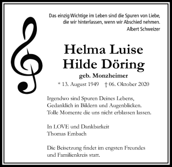 Traueranzeige von Helma Luise Hilde Döring von Bad Vilbel/Karben