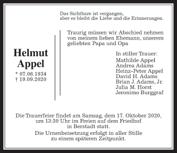 Traueranzeige von Helmut Appel von Wetterauer Zeitung