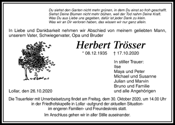 Traueranzeige von Herbert Trösser von Giessener Allgemeine, Alsfelder Allgemeine