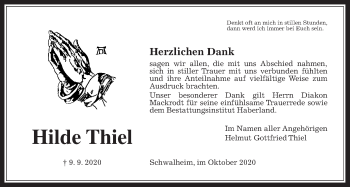 Traueranzeige von Hilde Thiel von Wetterauer Zeitung