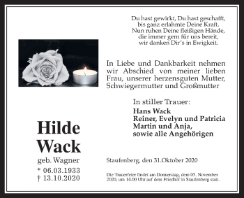 Traueranzeige von Hilde Wack von Giessener Allgemeine, Alsfelder Allgemeine