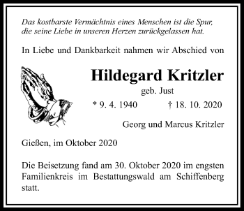 Traueranzeige von Hildegard Kritzler von Giessener Allgemeine, Alsfelder Allgemeine