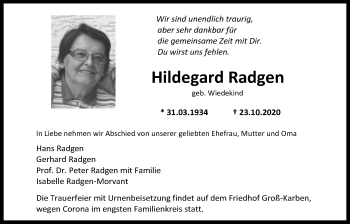 Traueranzeige von Hildegard Radgen von Bad Vilbel/Karben