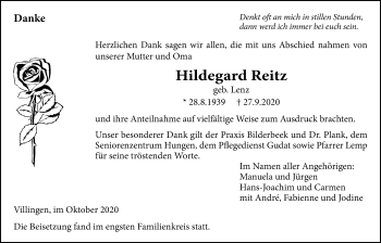 Traueranzeige von Hildegard Reitz von Licher Wochenblatt