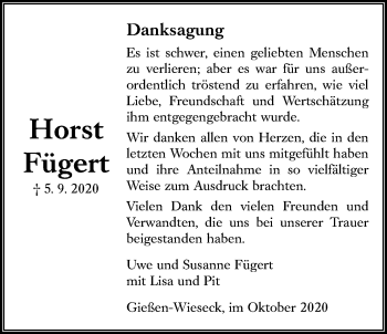 Traueranzeige von Horst Fügert von Giessener Allgemeine, Alsfelder Allgemeine