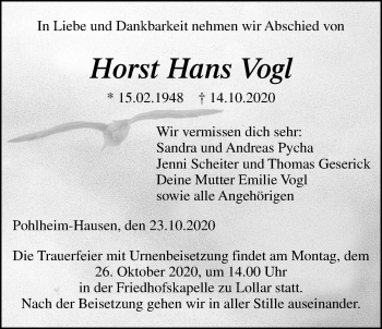 Traueranzeige von Horst Hans Vogl von Giessener Allgemeine, Alsfelder Allgemeine
