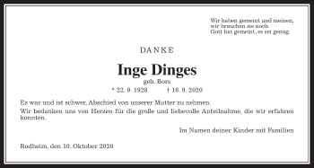 Traueranzeige von Inge Dinges von Wetterauer Zeitung