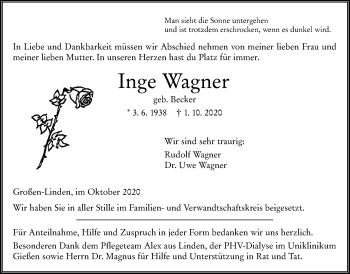Traueranzeige von Inge Wagner von Giessener Allgemeine, Alsfelder Allgemeine