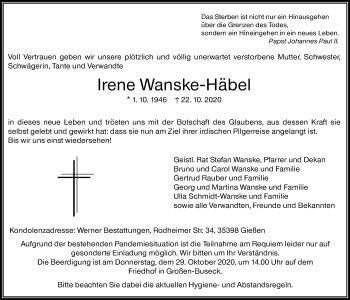 Traueranzeige von Irene Wanske-Häbel von Giessener Allgemeine, Alsfelder Allgemeine