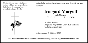 Traueranzeige von Irmgard Margolf von Heimatzeitung Grünberg + Laubach
