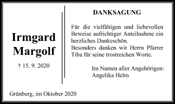Traueranzeige von Irmgard Margolf von Heimatzeitung Grünberg + Laubach