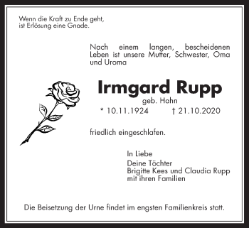 Traueranzeige von Irmgard Rupp von Wetterauer Zeitung