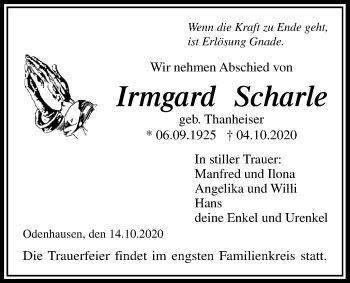 Traueranzeige von Irmgard Scharle von Giessener Allgemeine, Alsfelder Allgemeine