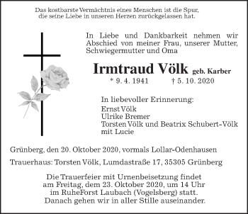 Traueranzeige von Irmtraud Völk von Giessener Allgemeine, Alsfelder Allgemeine