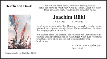 Traueranzeige von Joachim Rühl von Giessener Allgemeine, Alsfelder Allgemeine