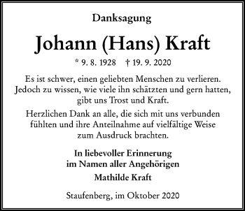 Traueranzeige von Johann Kraft von Giessener Allgemeine, Alsfelder Allgemeine