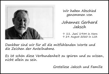 Traueranzeige von Johannes Gerhard Jaksch von Licher Wochenblatt