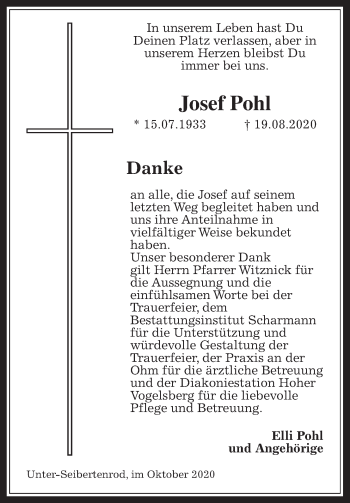 Traueranzeige von Josef Pohl von Alsfelder Allgemeine