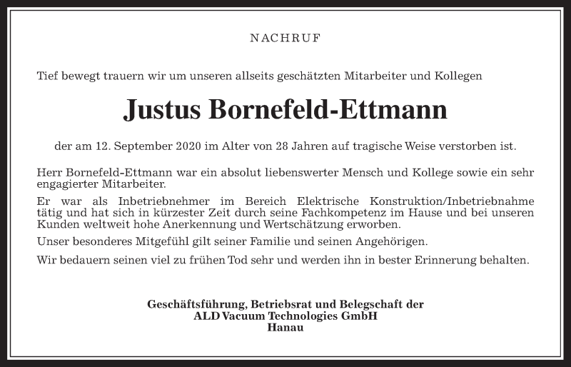  Traueranzeige für Justus Bornefeld-Ettmann vom 02.10.2020 aus Wetterauer Zeitung