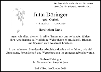 Traueranzeige von Jutta Döringer von Bad Vilbel/Karben