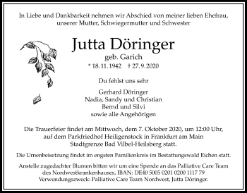 Traueranzeige von Jutta Döringer von Bad Vilbel/Karben