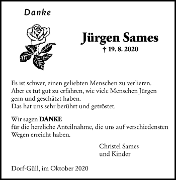 Traueranzeige von Jürgen Sames von Giessener Allgemeine, Alsfelder Allgemeine