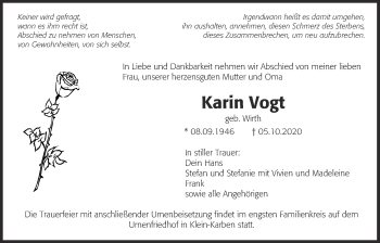 Traueranzeige von Karin Vogt von Bad Vilbel/Karben