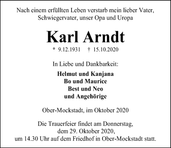 Traueranzeige von Karl Arndt von Wetterauer Zeitung