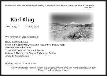 Traueranzeige von Karl Klug von Giessener Allgemeine, Alsfelder Allgemeine