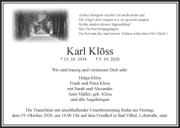 Traueranzeige von Karl Klöss von Bad Vilbel/Karben