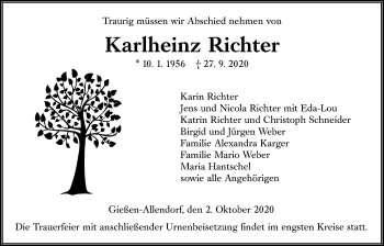 Traueranzeige von Karlheinz Richter von Giessener Allgemeine, Alsfelder Allgemeine