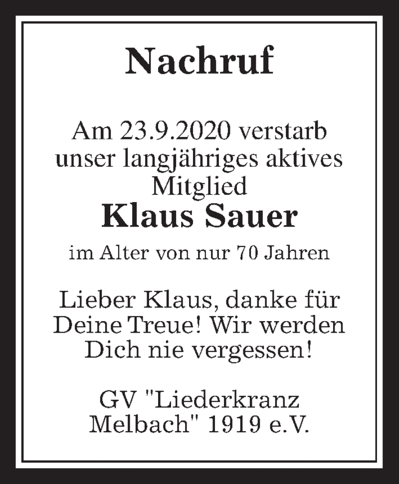  Traueranzeige für Klaus Sauer vom 17.10.2020 aus Wetterauer Zeitung