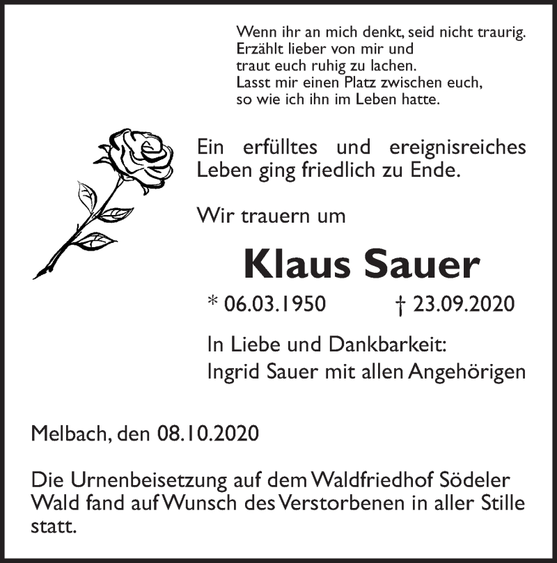  Traueranzeige für Klaus Sauer vom 10.10.2020 aus Wetterauer Zeitung