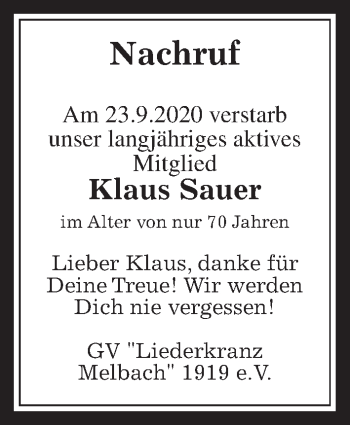 Traueranzeige von Klaus Sauer von Wetterauer Zeitung