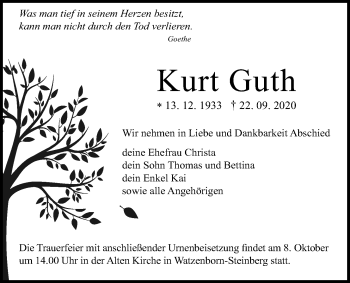 Traueranzeige von Kurt Guth von Pohlheimer Nachrichten