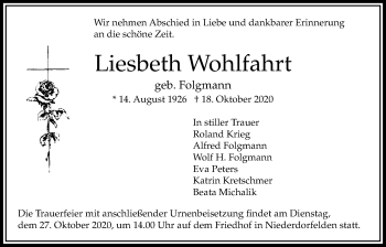 Traueranzeige von Liesbeth Wohlfahrt von Bad Vilbel/Karben