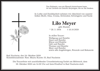 Traueranzeige von Lilo Meyer von Wetterauer Zeitung