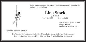 Traueranzeige von Lina Stock von Wetterauer Zeitung